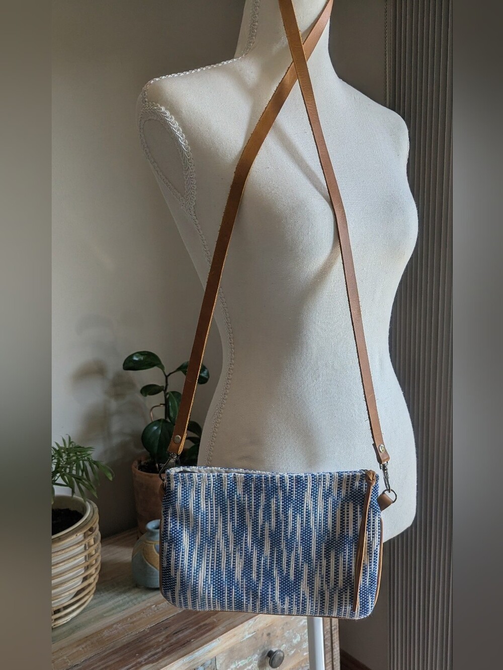 Woven Blue and White Crossbody Bag with Tan Strap
